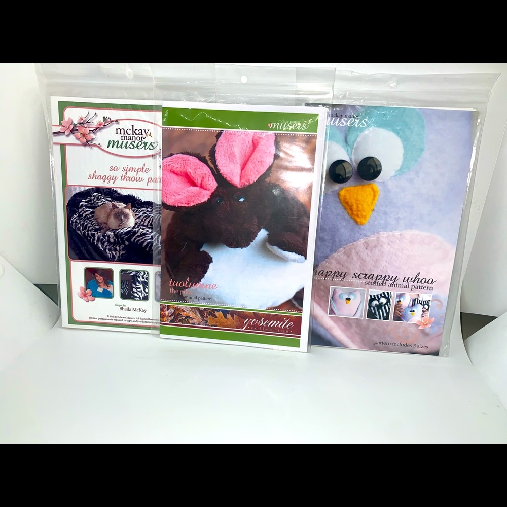 McKay Manor Musers 3 patterns One throw blanket & 2 stuffies patterns NWOT